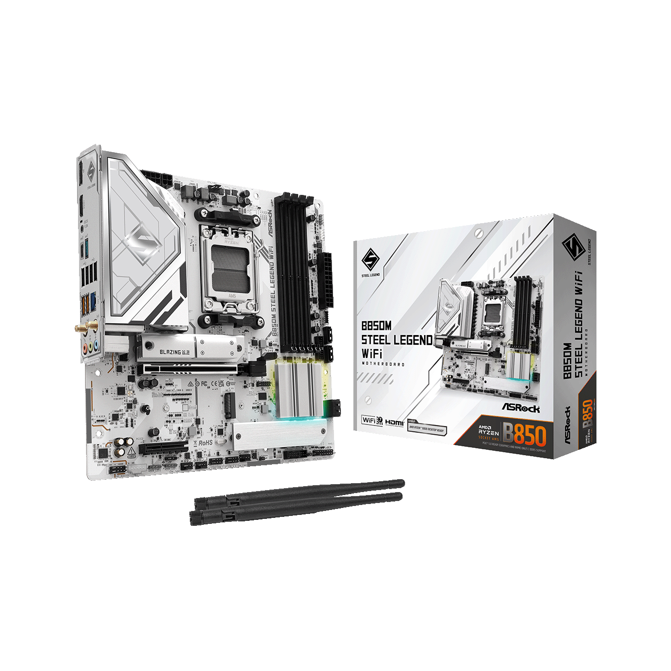ASRock(アスロック) Socket AM5 AMD B850 MicroATX WiFi+Bluetoothモジュール付属 ホワイトカラー マザーボード B850M Steel Legend WiFi